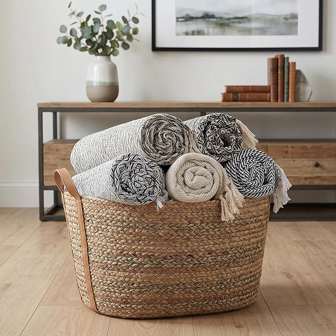 Americanflat 50x60 Throw Blanket - Soft and Breathable Cotton Throw Blanket for Couch, Bed, Chair - Decorative Blankets Perfect for Home, Office, or Outdoor Use - Cream Herringbone Design