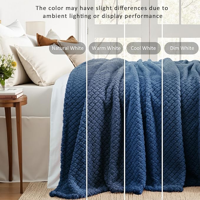 Exclusivo Mezcla Soft Fleece Queen Size Blanket for Bed, Navy Blue | Jacquard Lightweight Cozy Bed Blanket, Breathable Decorative Fuzzy Textured All Season Use, 90x90 Inches