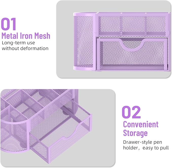 Mesh Desk Organizer with Drawer, 9-Compartment Pen Holder for Desk, Purple | Pull-Out Drawer Stores Pens, Pencils, Clips, Notes, and Small Office or School Supplies in One Compact Desk Caddy