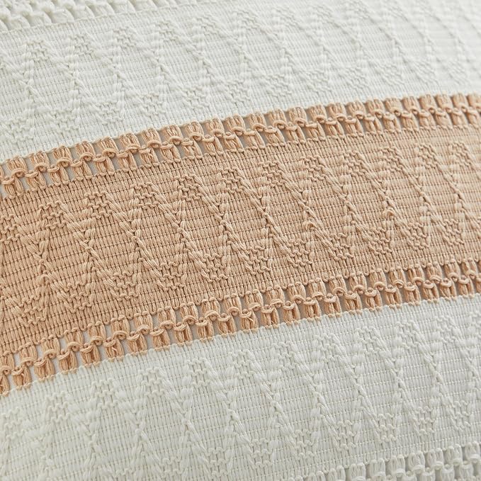 2pk Boho Pillow Covers 18x18, Natural White/Contrast/Beige | 100% Organic Cotton Body, Stripe Embroidery, Farmhouse Decorative Cushion Covers for Sofa Bed Living Room Home Decor