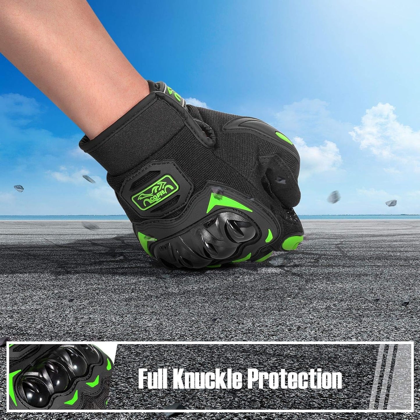 COFIT Motorcycle Gloves Breathable, Touchscreen Motorbike Gloves Anti-Slip with Good Grip Hard Knuckles Protection for Men Women Motocross, BMX ATV MTB Cycling, Road Racing - Green M