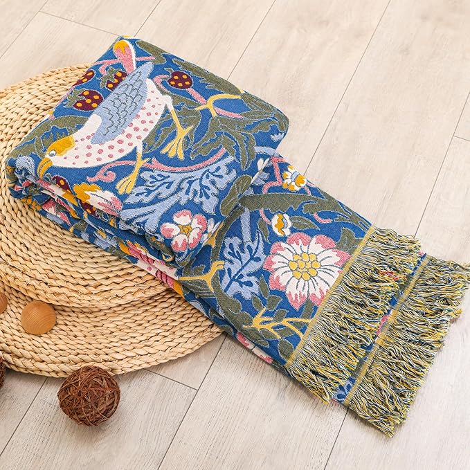 King Throw Blanket for Bed 100% Cotton Boho Oversized Soft Cozy Muslin Quilt Blanket Double Embroider Bird and Florals, Vintage Farmhouse Cottage Woven Blankets for Bedding Couch,90"×98"- Blue&Yellow