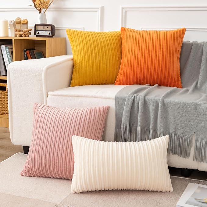 UGASA 12x24 Inch Pillow Cover Pack of 1 Soft Boho Stripe Corduroy Long Rectangular Lumbar Cushion Cover Farmhouse Decorative Throw Pillowcase for Bed, Couch, Sofa, Bedroom, Living Room, Cream