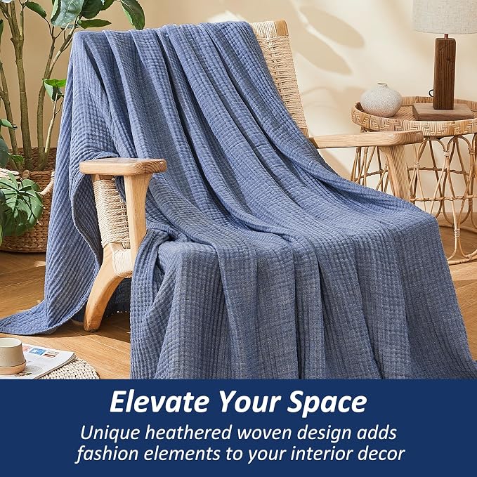 EMME Cotton Muslin Throw Blanket for Couch Breathable Gauze Soft Lightweight Blankets for Adults (Heather Navy, 50"x60")