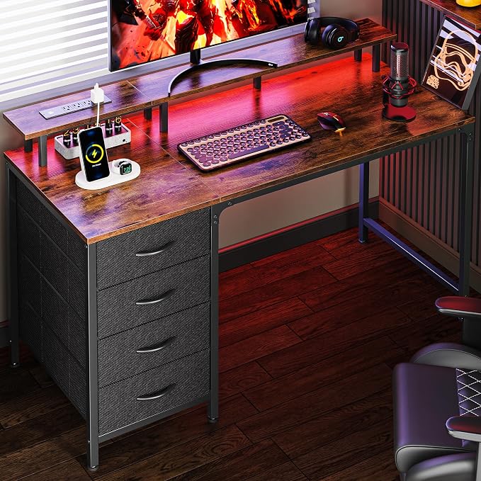Huuger 47 Inch Computer Desk with Power Outlets and LED Lights, Gaming Desk with 4 Drawers, Office Desk with Monitor Stand, Study Work for Home Office, Small Spaces, Rustic Brown