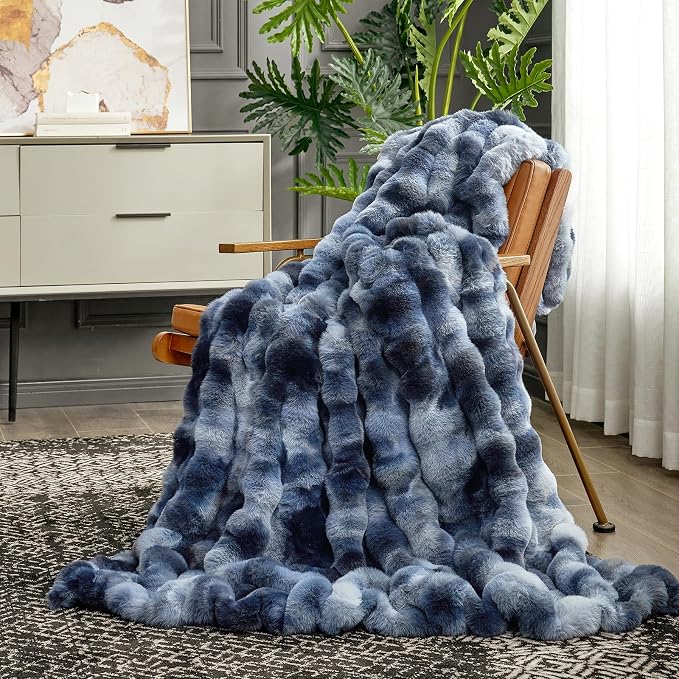Cozy Bliss Faux Fur Throw Blanket for Couch, Fuzzy Soft Plush Thick Bubble Blanket for Sofa Bedroom Living Room, 50 * 60 Inches Tie-dye Blue