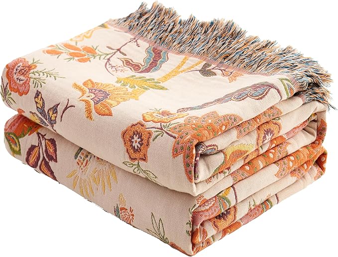 VANJOROY King Boho Throw Blanket 91" x 98", 100% Organic Cotton Breathable Skin-Friendly Ultra Soft Bed Quilt Throw - Floral Rustic Decor Luxury Reversible Blanket for Sofa Couch Chair and Gift