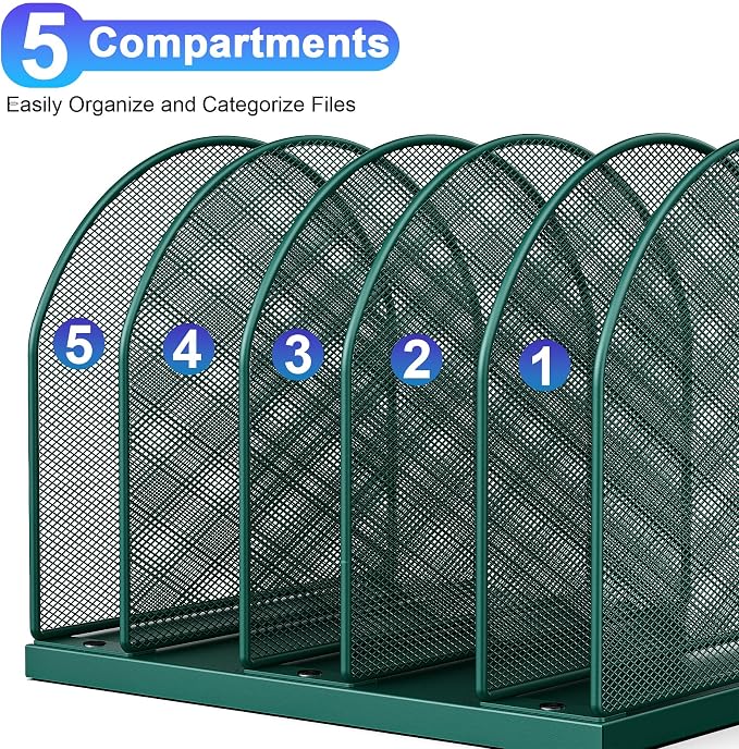 gianotter Desktop File Organizer with 5 Compartments | Desk Organizer Paper Organizer for Desk Workspace Organizers for Office Supplies (Green, Upright Style)
