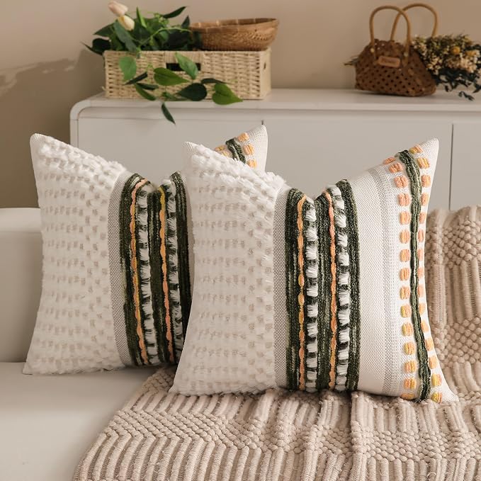 Boho Chenille Tufted Couch Throw Pillow Covers 18x18 Inch Set of 2 Farmhouse Striped Decorative Pillow Covers Accent Neutral Pillowcase Dark Green Cushion Cover for Living Room Sofa Bed