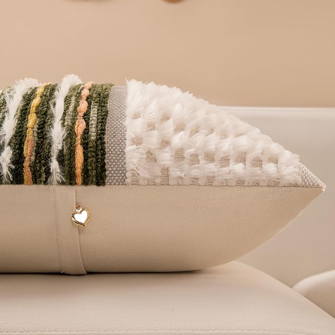 Boho Chenille Tufted Couch Throw Pillow Covers 18x18 Inch Set of 2 Farmhouse Striped Decorative Pillow Covers Accent Neutral Pillowcase Dark Green Cushion Cover for Living Room Sofa Bed