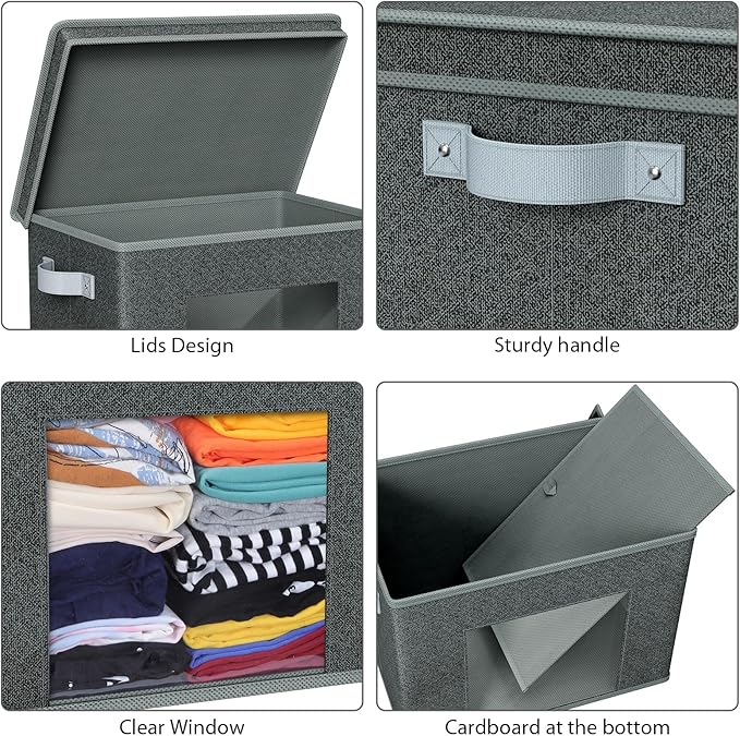 Univivi Foldable Fabric Storage Boxes Large Storage Bins with Lids [4-Pack] Collapsible Storage Cubes Organizer Containers Organization Baskets for Home, Bedroom, Closet (Black, 17”x 12” x 12”)