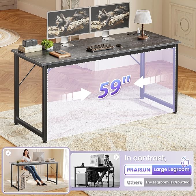 PRAISUN 63 X 24 Inch Computer Desk, Power Outlets, USB-C, Grey | Office Desk with 4 AC Outlets, USB & USB-C, Sturdy Metal Frame, Spacious Desktop for Work, Writing, Study & Gaming