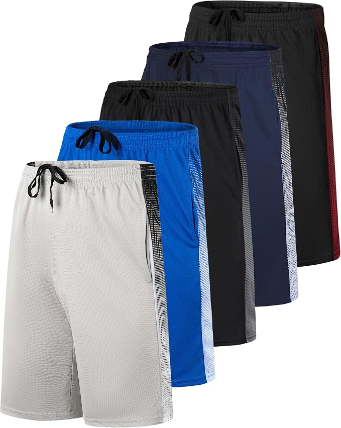 5 Pack Men's Mesh Shorts Athletic Basketball Sports Gym Workout Pockets | Cooling Moisture-Wicking, 9", Long, Quick-Dry, Breathable, Elastic Drawstring Waistband. Running, Exercise, Soccer, Training.