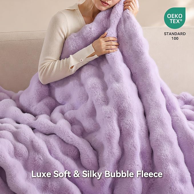 Faux Fur Throw for Couch - Light Purple Bubble Blanket 60"x80" | Fluffy Plush Fuzzy Throw for Sofa & Bed, Super Soft Cozy Comfrt Blanket, Luxury Aesthetic Purple Decor Gift for Women