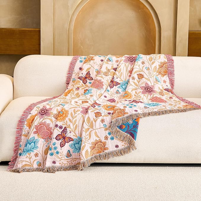 VANJOROY Boho Throw Blanket, 100% Organic Cotton Breathable Ultra Soft 91" x 98" Bed Quilt Throw - All Season Floral Rustic Farmhouse Decor Luxury Reversible Blanket for Sofa Couch Chair and Gift