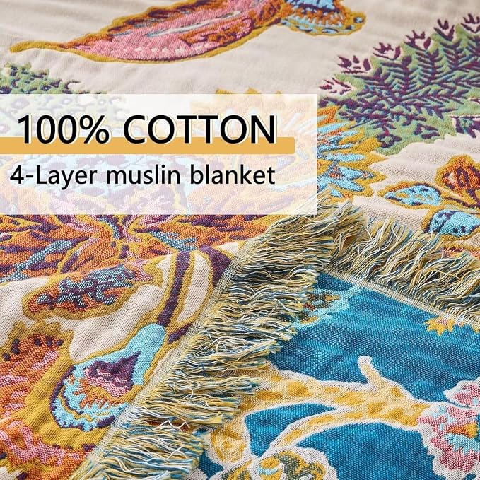 Boho Throw Blanket Farmhouse Decor Throw Blanket Bohemian Blanket for Bed 100% Cotton Muslin Woven Couch Blanket All Seasons Quilt Bedroom (E-Beige, 90"x98")