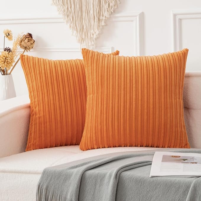 UGASA Fall Decorative Soft Velvet Stripe Pillow Covers Set of 2 Solid Corduroy Textured Euro Cushion Cases for Couch Bedroom Sofa Farmhouse, 24x24 Inch, Orange