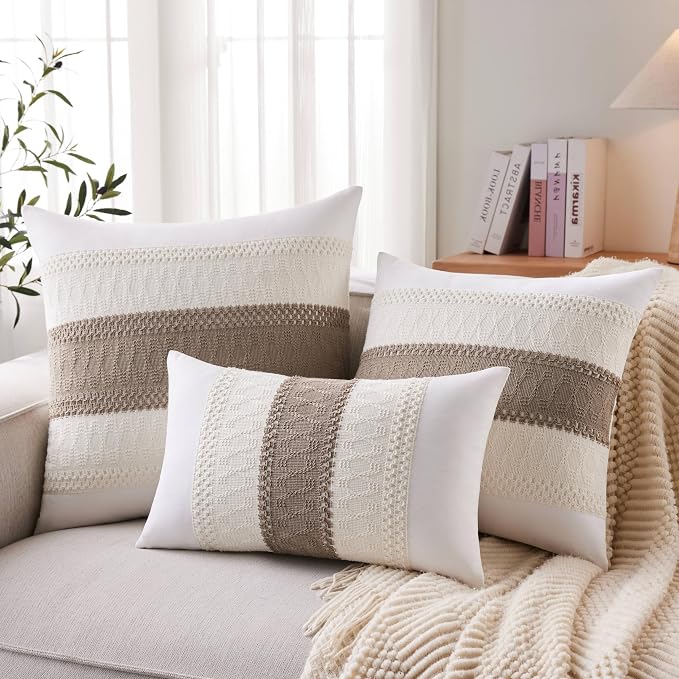 2pk Boho Pillow Covers 20x20, Natural White/Contrast/Cocoa Brown | 100% Organic Cotton Body, Stripe Embroidery, Farmhouse Decorative Cushion Covers for Sofa Bed Living Room Home Decor