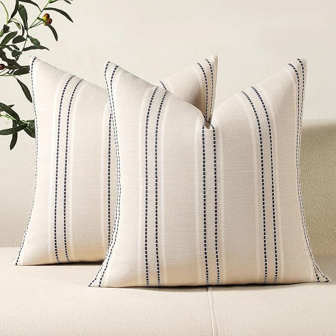 Hckot Throw Pillow Covers 22x22 Set of 2 Striped Pillow Covers Textured Linen Decorative Pillows Square Cushion Covers for Sofa Couch Bed Living Room Farmhouse Decor, Navy Blue