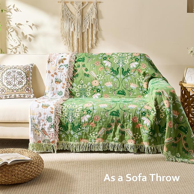 VANJOROY Boho Throw Blanket, 100% Organic Cotton Breathable Skin-Friendly Ultra Soft 60" x 80" Bed Quilt Green Throw - Floral Rustic Decor Luxury Reversible Blanket for Sofa Couch Chair and Gift,