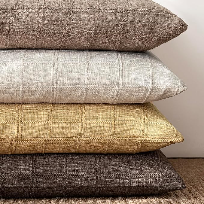 Foindtower Set of 2 Decorative Linen Check Throw Pillow Covers Neutral Farmhouse Vintage Cushion Covers Modern Boho Accent Home Decor for Sofa Chair Couch Bedroom Living Room,18×18 Inch,Amber Gold