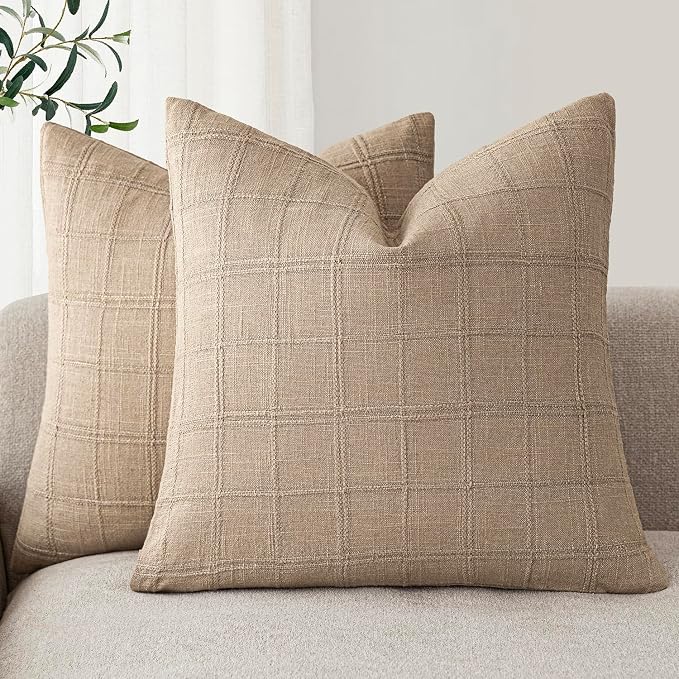 Foindtower Set of 2 Decorative Linen Check Throw Pillow Covers Neutral Farmhouse Vintage Cushion Covers Modern Coastal Boho Home Decor for Sofa Chair Couch Bedroom Living Room,26×26 Inch,Camel