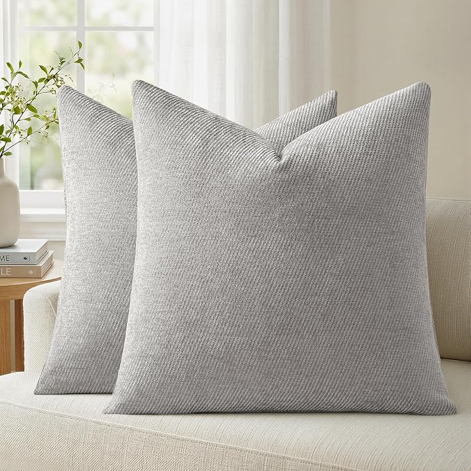 a moment Pack of 2 Decorative Chenille Throw Pillow Covers with Twill Cushion Covers for Sofa Living Room Couch Bed 22x22 Inch Grey