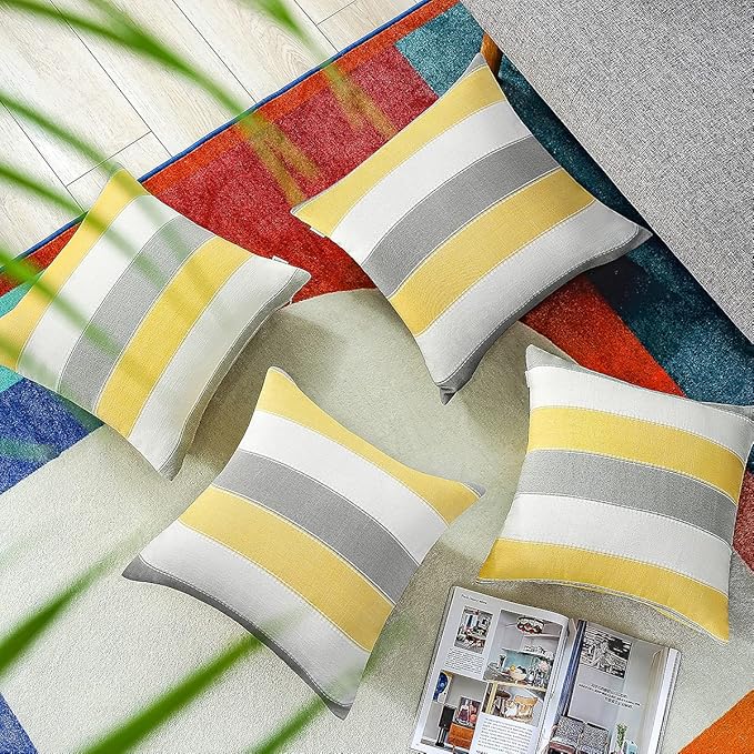 Pack of 2 Farmhouse Stripe Check Throw Pillow Covers Set Case Cotton Linen Decorative Pillowcases Cushion Cover for Couch Bench Sofa 20x20Inch Yellow Beige