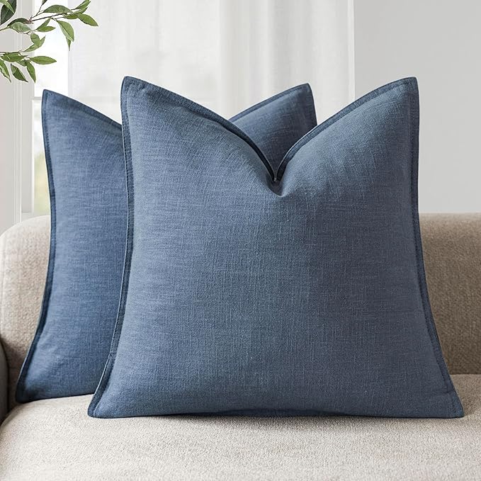 Foindtower Pack of 2, Decorative Linen Solid Throw Pillow Covers Soft Accent Euro Cushion Case Farmhouse Neutral Pillowcase for Chair Couch Sofa Bedroom Living Room Home Decor 20 x 20 Inch Dark Blue