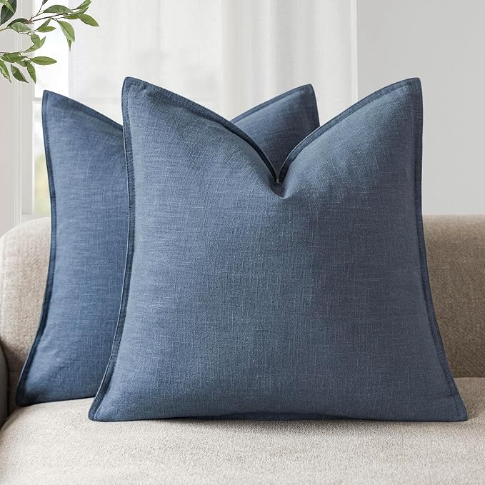 Foindtower Pack of 2, Decorative Linen Solid Throw Pillow Covers Soft Accent Euro Cushion Case Farmhouse Neutral Pillowcase for Chair Couch Sofa Bedroom Living Room Home Decor 26 x 26 Inch Dark Blue
