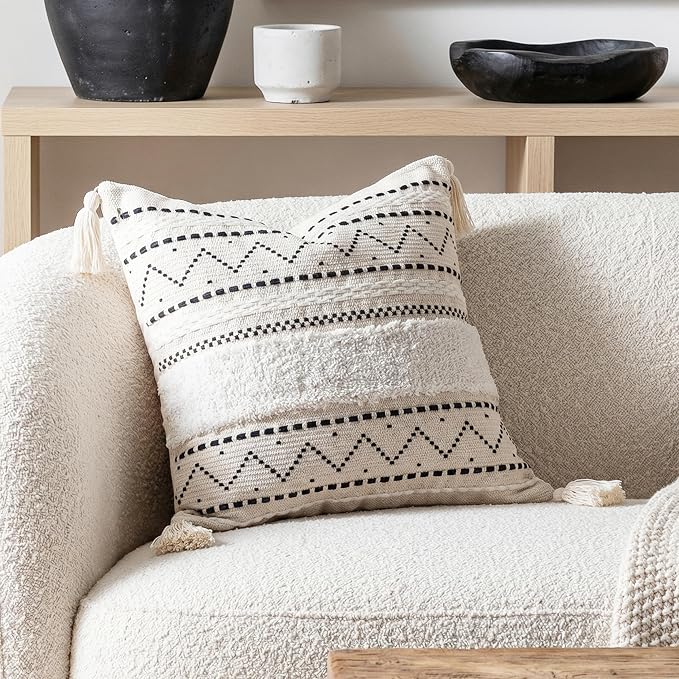 20X20 Throw Pillow Cover, Cream Neutral Square Decorative Cushion Cover with Black Pattern, Boho Accent Pillowcase with Tufted Details and Tassels for Couch Sofa Living Room (Cover Only)