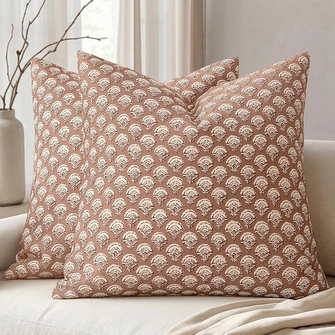 MIULEE Floral Print Decorative Pillow Covers 20x20, Almond | Vintage Boho Farmhouse Modern Home Decor, Set of 2, Block Print Cushion Covers for Couch Sofa Bed Living Room