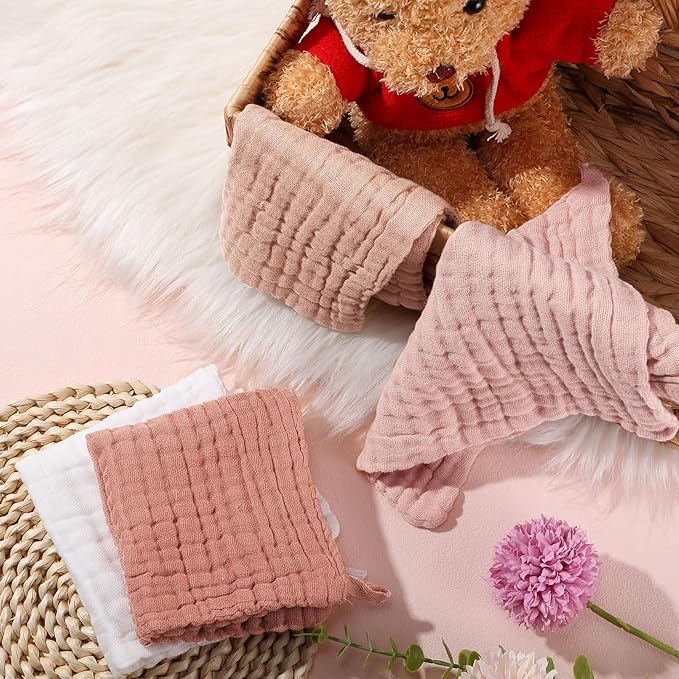 8 Pcs Baby Washcloths for Newborn 12 x 12 Inch Muslin Face Towels Cotton Absorbent for Delicate Skin Soft Muslin Cloth Reusable Baby Registry as Shower Gift, 4 Colors (Pink Color)