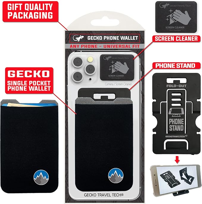 Phone Wallet - Adhesive Card Holder - Cell Phone Pouch - Stick on Lycra Pocket by Gecko - Carry Credit Cards and Cash