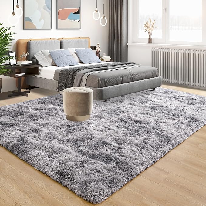 Tepook Fluffy Large Rugs for Living Room, Area Rug 6x9 Soft Carpet for Bedroom, Modern Shaggy Rug for Kids Boys Girls, Plush Indoor Nursery Home Decor Rug with Non-Slip Bottom, Tie-dye Light Grey