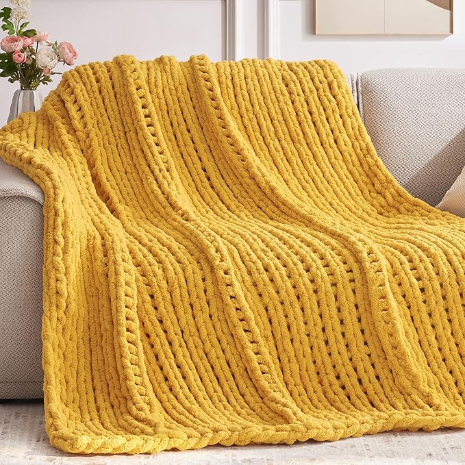 Negwoo Chunky Knit Throw Blanket, Knitted Throw Chenille Yarn, 60"*80" | Soft Thick Cable Knitted Blankets, Handmade Big Thick Blanket, Machine Washable Cute Comfy Blanket for Home Decor, Yellow