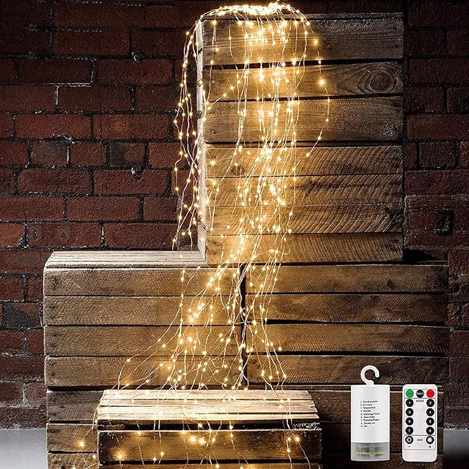 VOOKRY 10 Strands 200 LEDs Hanging Twinkle Fairy Lights Battery Operated with Remote, Waterproof Waterfall Vine String Lights Silver Wire Branch Lights with Timer for Outdoor DIY Watering Can Lights