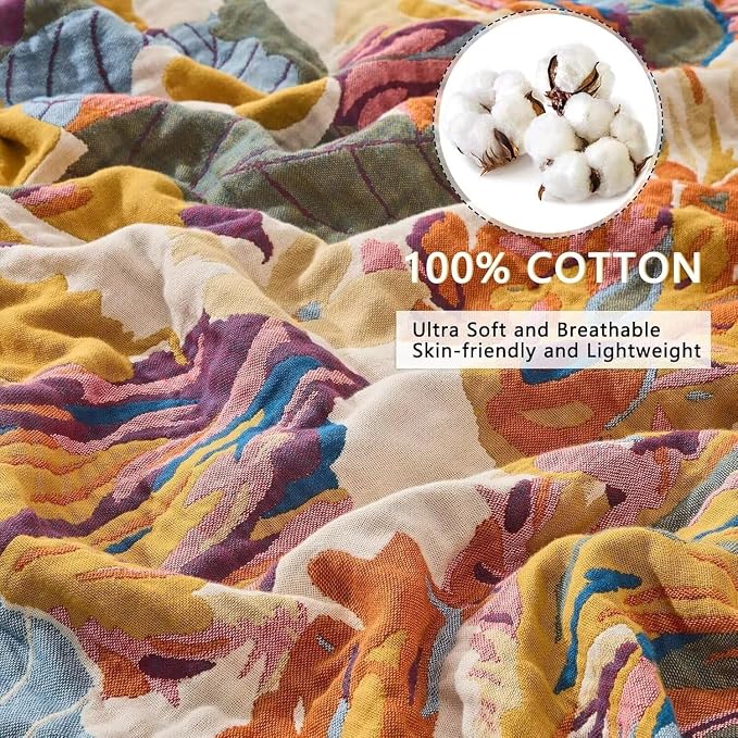 Boho Throw Blanket Farmhouse Decor Throw Blanket Bohemian Blanket for Bed 100% Cotton Muslin Woven Couch Blanket All Seasons Quilt Bedroom (D-Yellow, 90"x98")