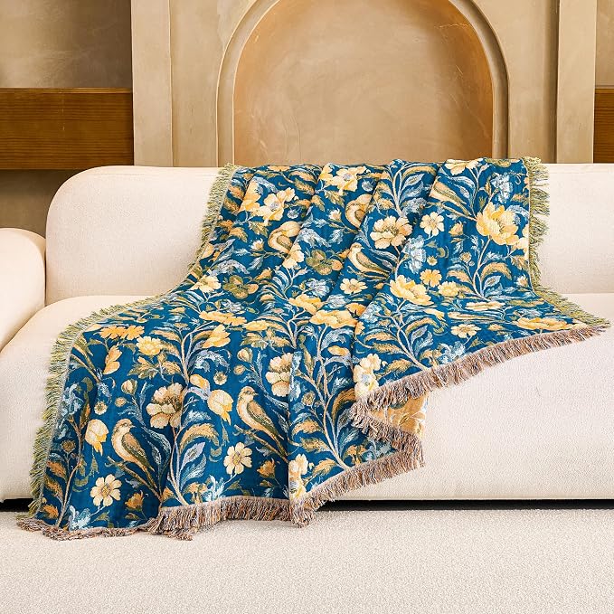 VANJOROY Boho Throw Blanket, 100% Organic Cotton Breathable Ultra Soft 50" x 60" Bed Quilt Blue Throw - All Season Bird Floral Rustic Farmhouse Decor Reversible Blanket for Couch Chair and Gift