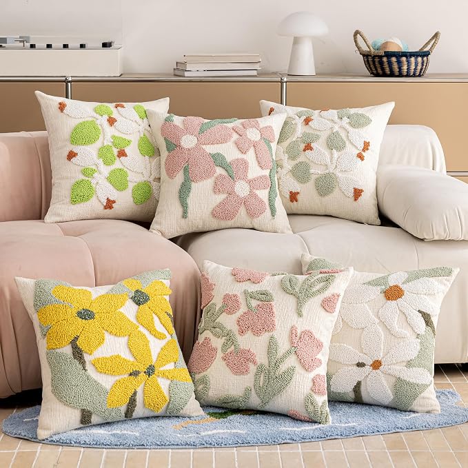 Summer Floral Throw Pillow Covers 18x18 Inch Set of 2, Chenille Embroidered Pillowcase with 3D Tufted Pink Flowers Sage Green Leaves, Boho Decorative Cushion Covers for Couch Sofa Bed