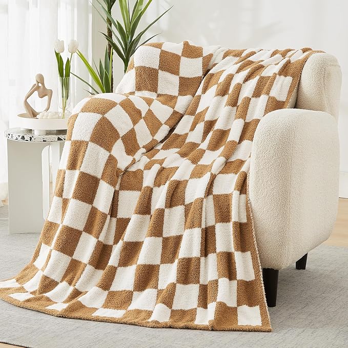 Soft Twin Size Checkered Blanket for Bed-Cozy Knitted Blankets | Lightweight Fluffy Warm Decor for Women, Mom, Her & Girls, Sofa, Chair, Couch, 60x80in,Burnt Orange