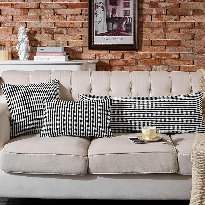 Boho Chenille Pillow Cover Decorative Tufted Pillowcase for Couch Bed Sofa Bedroom Living Room Modern 12 x 20-Inch Black