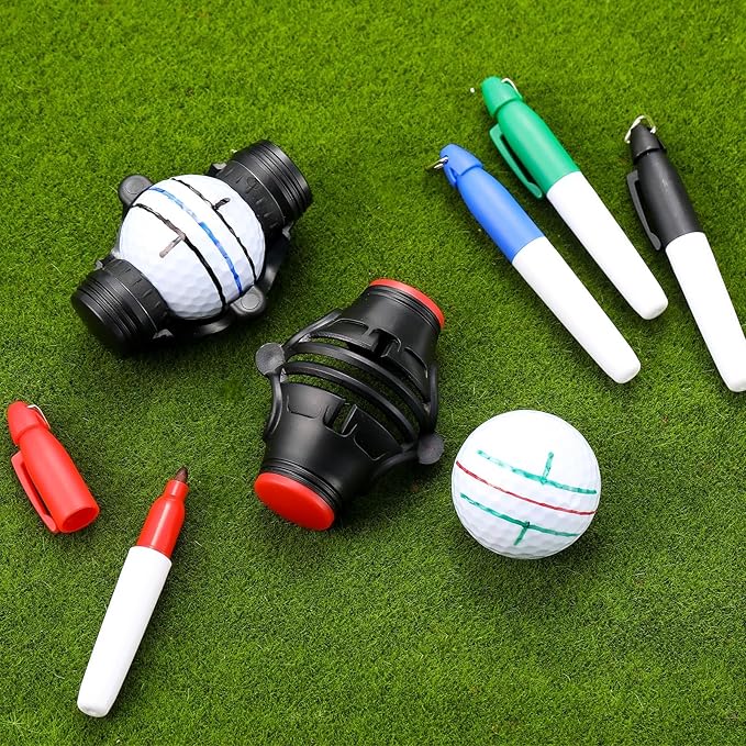 6 Pack Golf Ball Marker Line Tool 360 Degree Triple Line Ball Marker Stencil Tool Golf Accessories for Men with 2 Marking Stencils and 4 Vibrant Colors Pen