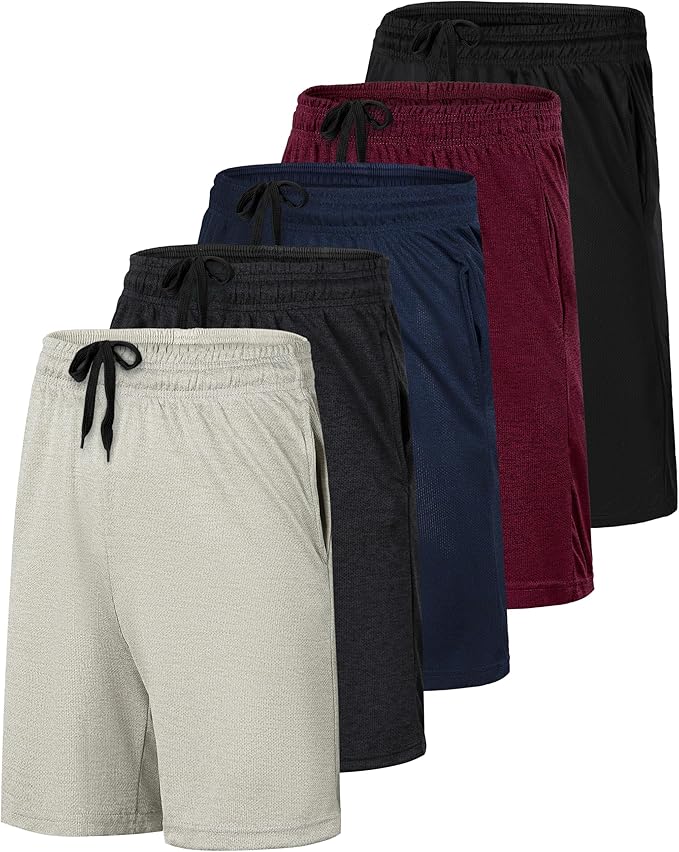 5 Pack Men's Mesh Shorts Athletic Basketball Sports Gym Workout Pockets | Cooling Moisture-Wicking, 9", Long, Quick-Dry, Breathable, Elastic Drawstring Waistband. Running, Exercise, Soccer, Training.