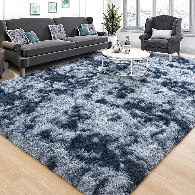 Tepook Fluffy Large Rugs for Living Room, Area Rug 6x9 Soft Carpet for Bedroom, Modern Shaggy Rug for Kids Boys Girls, Plush Indoor Nursery Home Decor Rug with Non-Slip Bottom, Tie-dye Dark Blue