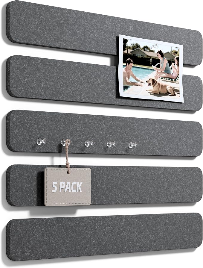 Fluxynara 13" x 2" Felt Wall Panels, Charcoal Gray | 5-Pack Cork Board Alternative with 35 Push Pins, Adhesive Mounting for Bedroom Door or Home Office
