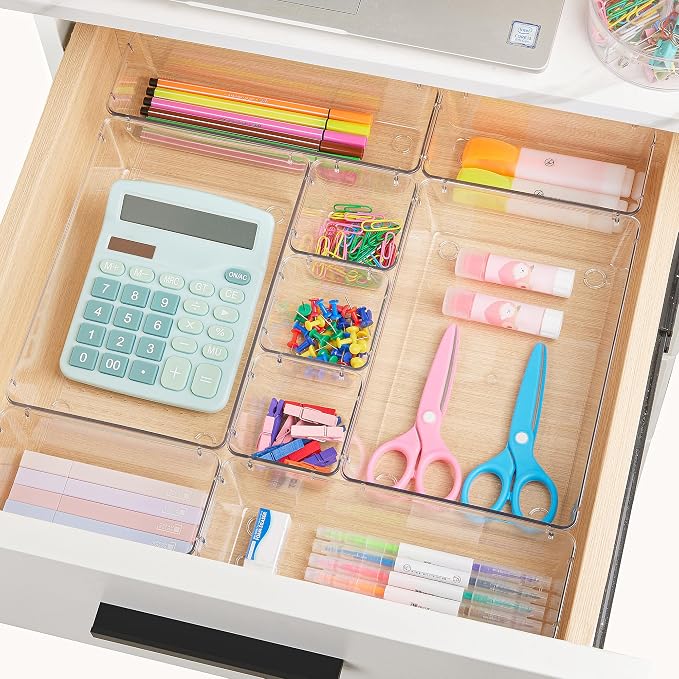 Vtopmart 44 PCS Clear Plastic Drawer Organizers Set, Vanity Organizer Trays | 4-Size Versatile Makeup Organizer, Non-Slip Storage Containers for Makeup, Jewelries, Bedroom，Kitchen Utensils and Office