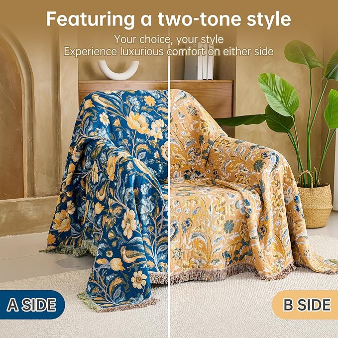 VANJOROY Boho Throw Blanket King, 100% Organic Cotton Breathable Ultra Soft 91" x 98" Bed Quilt Throw - All Season Floral Rustic Farmhouse Decor Reversible Blanket for Sofa Couch Chair and Gift
