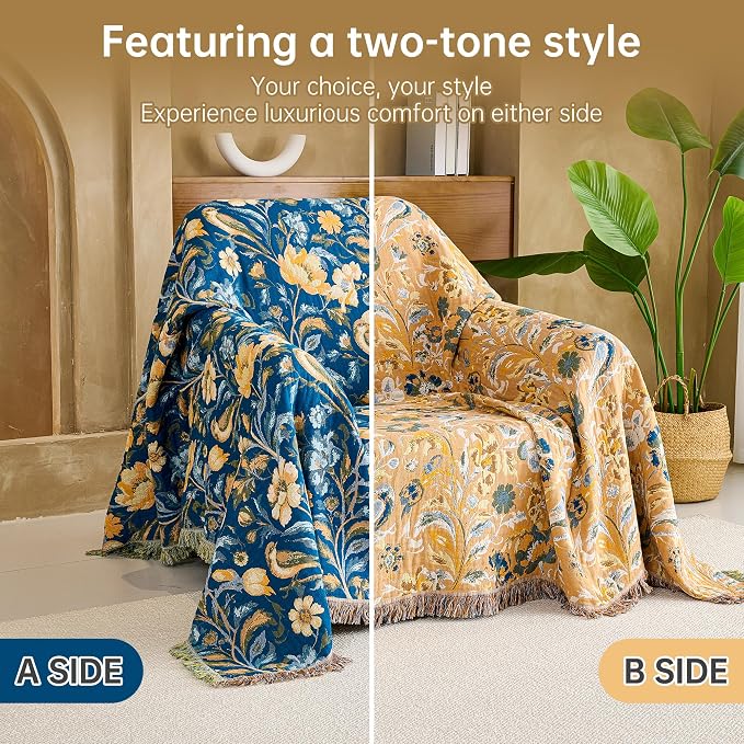 VANJOROY Boho Throw Blanket, 100% Organic Cotton Breathable Ultra Soft 60" x 80" Bed Quilt Blue Throw - All Season Bird Floral Rustic Farmhouse Decor Reversible Blanket for Couch Chair and Gift