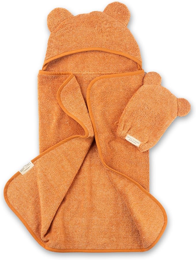 Bella Tunno Baby Bath Towel and Wash Mitt Set – Soft Absorbent Hooded Towels and Mitt-Style Baby Washcloths, Oeko-TEX Certified (Pumpkin)